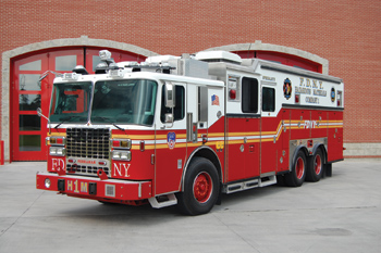 (2) Ferrara Fire Apparatus built a walk-in hazmat unit for the Fire Department of New York (FDNY) that includes a command and communications center.