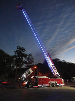 The Plainfield (IN) Fire Department purchased this 100-foot rear-mount aerial platform with LED lighted ladder from E-ONE. 