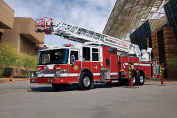 Pierce Manufacturing Inc. offers this Dash 100-foot aerial ladder in a rear-mount configuration.