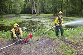 Wildland firefighters use a Hale Products HP75 portable pump that puts out 15 gpm at 325 psi for wildland use.