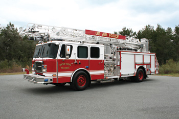 The United States Air Force recently purchased this HP 75 aerial ladder from E-ONE and stationed it at one of its air bases