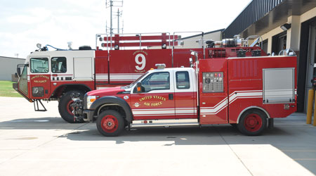 2 The Air Force’s new P-34 rapid intervention vehicle (RIV) sits next to an aircraft rescue and firefighting (ARFF) truck at Columbus (MS) Air Force Base. The P-34 RIV is a high-pressure fire engine that uses a fraction of the water capacity of previous trucks combined with firefighting foam for much higher resource efficiency. (Photo courtesy of U.S. Air Force Photo/Airman 1st Class Charles Dickens.)