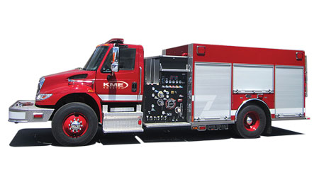 6 A demo top-mount pumper on KME’s Panther series custom chassis and a commercial chassied Challenger series stock pumper. (Photos courtesy of KME