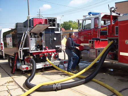 5 Danko Emergency Equipment Co. makes the Draftmaster Pump Tester and Trainer, shown here pump testing a commercial chassis pumper for the Elk Point (SD) Fire District. (Photo courtesy of Danko Emergency Equipment Co.) 