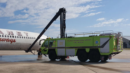 5 Rosenbauer built this 6x6 Panther ARFF truck for the Orlando International Airport Fire Rescue with an HRET and Stinger piercing tip that can rotate 90 degrees up and down. (Photo courtesy of Rosenbauer.) 