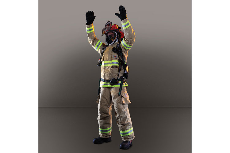 3 The FXR turnout gear made by Fire-Dex has less coat rise when wearing an SCBA, allowing firefighters the option of wearing a shorter turnout jacket. (Photo courtesy of Fire-Dex.)