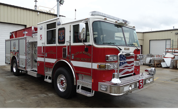 6 SCBA and other equipment on the Miami Arrow XT pumper are carried in cabinets behind the cab’s rear wall in an effort to keep the cab clear of potential contamination.