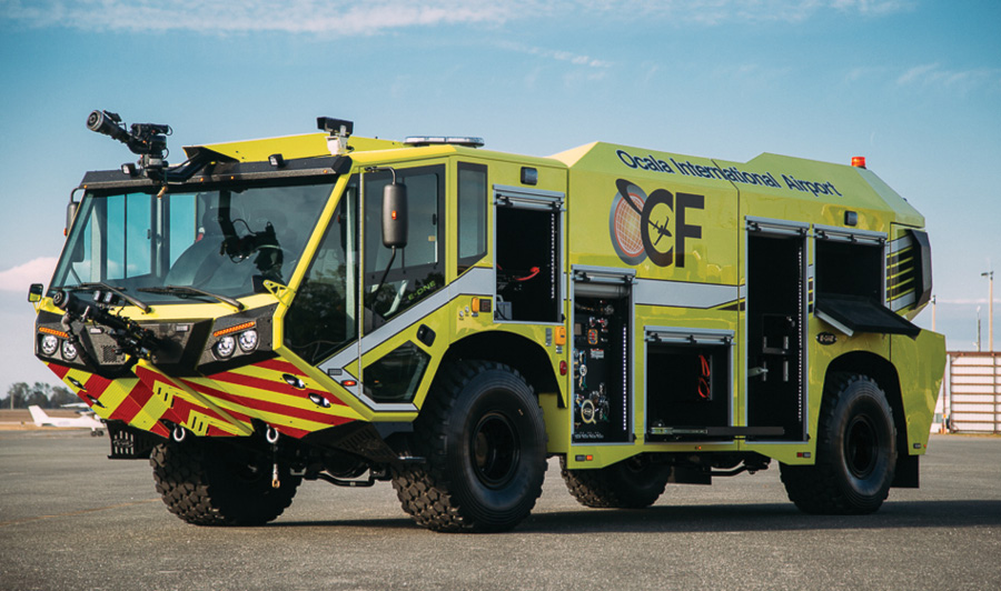 E-ONE’s new version of its Titan™ 4x4 ARFF vehicle is powered by a Scania 670-hp Tier 4 diesel engine and a twin-disc six-speed automatic transmission and carries a Hale 8FG pump rated at 3,000 gpm at 165 psi, a 1,585-gallon water tank, a 225-gallon foam tank, and 500 pounds of dry chemical.