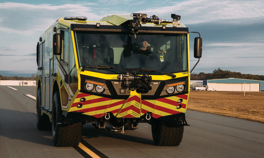 The Titan 4x4 ARFF cab has a new windshield that slopes forward and sits lower on the body to provide greater visibility for occupants, while the interior is redesigned so all cockpit controls are located at the center front of the cab.