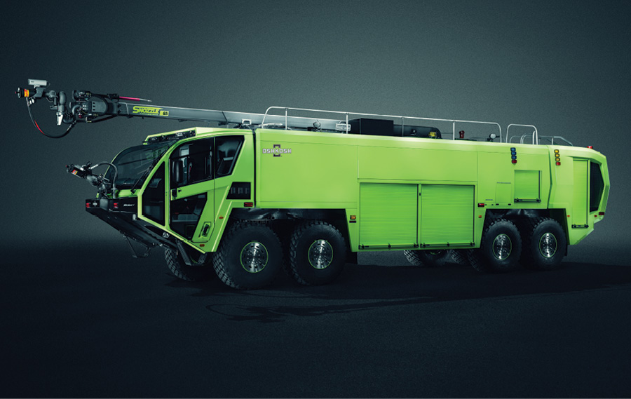 Oshkosh Airport Products redesigned its Striker 8x8 ARFF unit and powered it with twin Scania DC16 770-horsepower diesel engines, dual Allison 48000 EVS seven-speed automatic transmissions, and a proprietary Oshkosh-designed power uniter. 