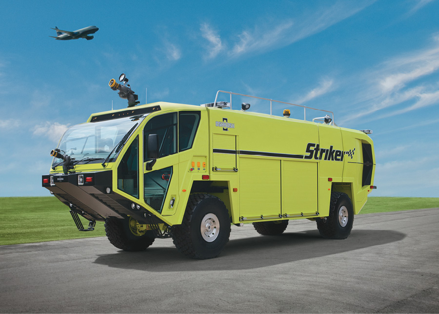 The Striker 4x4 ARFF vehicle carries either a Waterous CRQB 2,000-gpm single-stage pump or a Waterous CRUQB 2,650-gpm high flow pump along with a 1,500-gallon water tank and a 210-gallon foam tank.