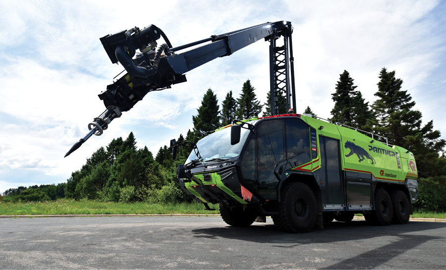 Rosenbauer brought out its new Panther 6x6 ARFF truck powered by a 700-hp Volvo diesel engine, twin-disc electronic transmission, and power shift function that allows the operator to engage the pump at any speed.