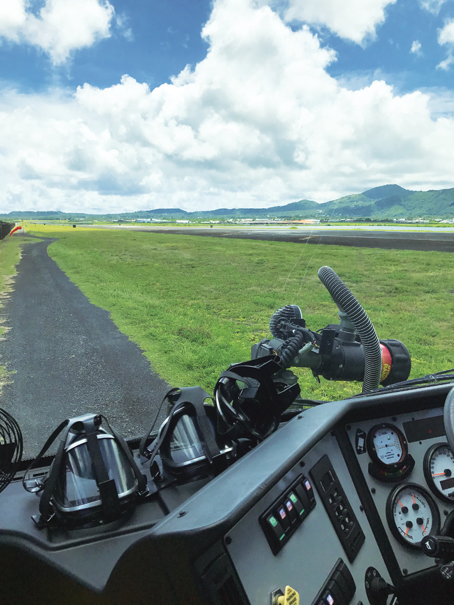 The runways are parallel to each other and are separated by a saltwater “pond” (small lake) that lies between them. These runways are peninsular (surrounded by water on three sides) in nature. There are shallow lagoons on either side of the peninsula, and the water side end of the runways is a natural shelf that drops off to 600 feet deep. (Photo by author.)