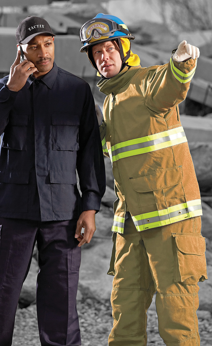 The TR51 rescue coat and pant made by Lion is a two-layer garment with several outer shell options and a CROSSTECH SR liner to provide liquid penetration resistance to water, blood, and bodily fluids. 