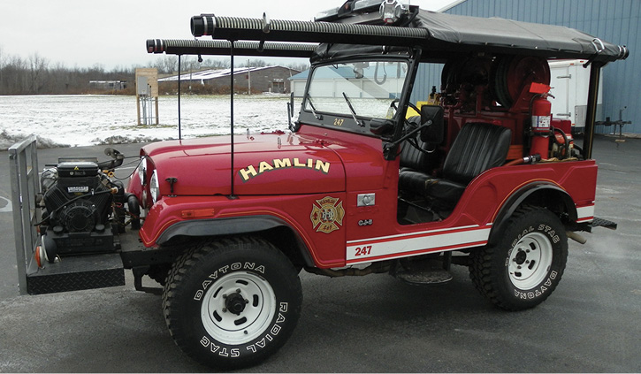 On the roster in Hamlin, New York, is this 1973 Jeep CJ-5 grass fire truck equipped with a 200-gallon-per-minute (gpm) pump, 120-gallon tank, reel, grass fire brooms, extinguishers, and Class A foam. (Photos 1 and 2 courtesy of Allan Smith.)