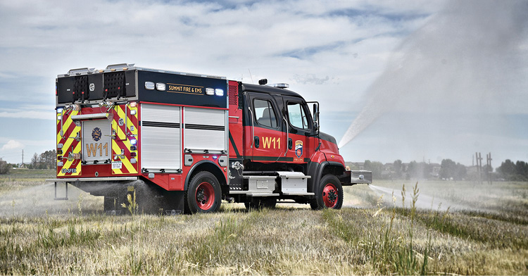 SVI Trucks built this Type 3 wildland engine for Summit (CO) Fire & EMS on a Freightliner 108SD 4x4 chassis with a Hale MBP single-stage 750-gpm pump, 500-gallon water tank, 20-gallon foam cell, Darley 1.5AGE diesel auxiliary pump, and FoamPro foam system.