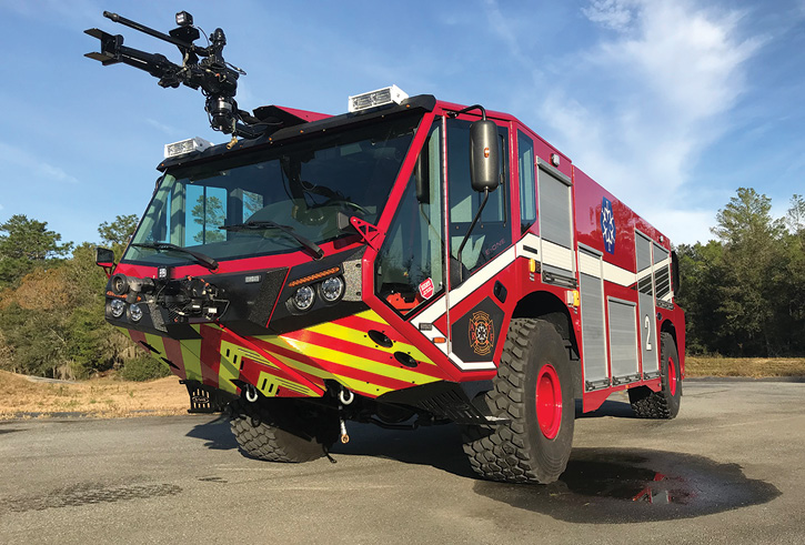 The rig has an Akron Brass model 3353 air-aspirated roof turret that flows 375 gpm low flow and 750 gpm high flow and an Akron Brass model 3352 fixed-flow 300-gpm bumper turret.