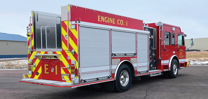 An enclosed ladder tunnel on the right rear of each pumper holds a 24-foot, two-section extension ladder; a 14-foot roof ladder; a 10-foot folding attic ladder; and three pike poles.