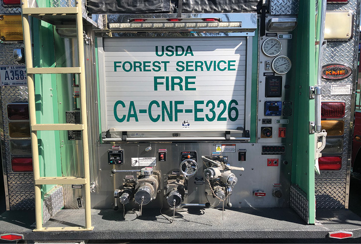 This U.S. Forest Service Model 326/346 built by REV Group has a rear-mount pump panel housing a Hale CBP pump.