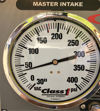 The residual intake pressure reading during the test where the 6-inch soft suction was hooked to the front intake.