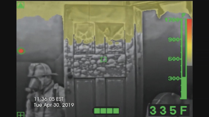 This thermal image taken during a training session shows a door’s paint blistering from thermal layering. Notice the date and time stamp on the image for additional reporting purposes.