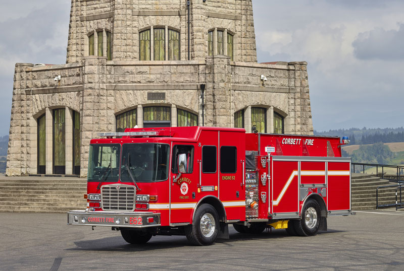 HME Ahrens-Fox built this rescue pumper on an 1871-W MFD-XL chassis and cab with a 12 inch raised roof and seating for six firefighters for Corbett (OR) Fire Department. (Photos courtesy of HME Ahrens-Fox.)