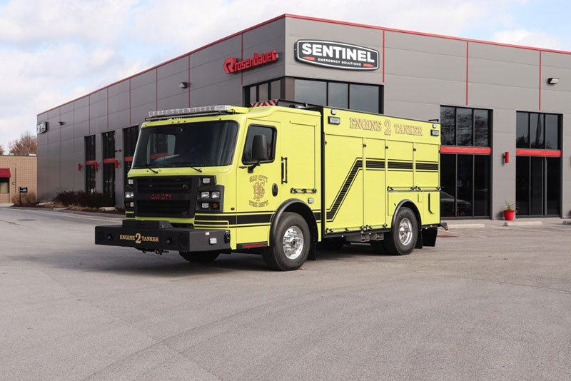 Rosenbauer built this pumper-tanker for Gas City (IN) Fire Department on a Commander 3318 chassis and 33-inch cab set up for two firefighters, powered by a 450-hp Cummins L9 diesel engine, and an Allison 3000 EVS automatic transmission. (Photos courtesy of Sentinel Emergency Solutions)