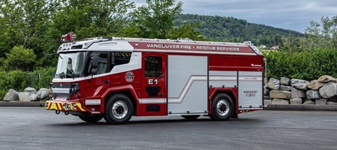 The Rosenbauer RTX Pumper Truck is now operating out of Firehall No. 1 in Strathcona and supports the City’s commitment to reduce fleet emissions by transitioning to electric vehicles when replaced. (Source: City of Vancouver)