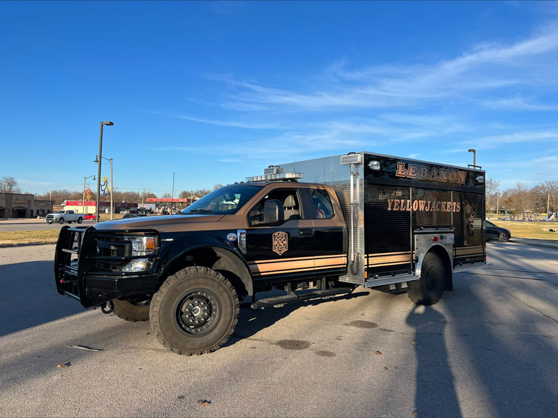 The Lebanon Fire Department went to Precision Fire Apparatus for a Ford F-550 chassis and had it sent to DBL Design in Texas to beef it up to a F-554 Severe Duty truck with heavier suspension and brakes, and Super Single wheels and tires. (Photos courtesy of Lebanon Fire Department)