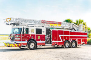 Sutphen Corp. built this SLR 108-foot aerial ladder for Murrells-Inlet Garden City (SC) Fire District. (Courtesy of Sutphen Corp.)