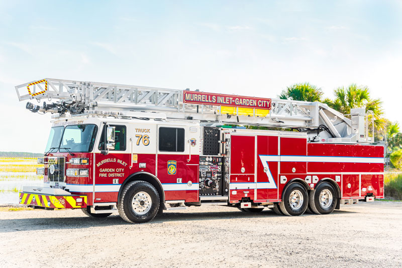 Sutphen Corp. built this SLR 108-foot aerial ladder for Murrells-Inlet Garden City (SC) Fire District. (Courtesy of Sutphen Corp.)