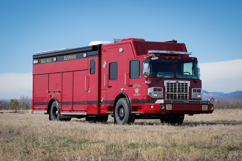 SVI Trucks built this hazardous materials response truck for Greeley (CO) Fire Department on a Spartan Metro Star chassis and cab with a 24-inch raised roof, powered by a Cummins L9 diesel engine, and an Allison 3000 EVS automatic transmission. (Photos courtesy of SVI Trucks)