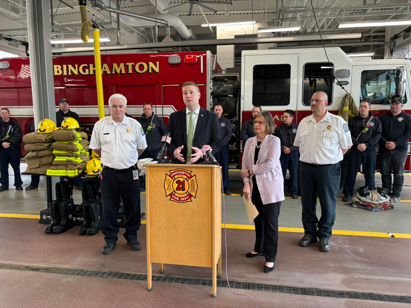 Assemblywoman Donna Lupardo was joined by Binghamton Mayor Jared Kraham, Fire Chief Alan Gardiner and Training Instructor Tim Dahulich to unveil new turnout gear for the Binghamton Fire Department. (Source: Binghamton Fire Department Facebook page)