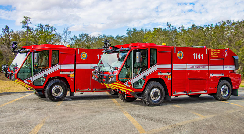 E-ONE has delivered two reduced size TITAN ARFF 4x4 AT aircraft rescue and firefighting trucks to the US Navy Fire & Emergency Service, as part of a nine truck order. (Photos courtesy of US Navy Fire & Emergency Services)