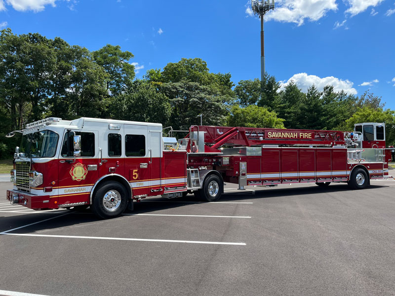 The 105-foot Tractor Drawn Aerial for Savannah Fire Department, Georgia on display at FDIC 2024.