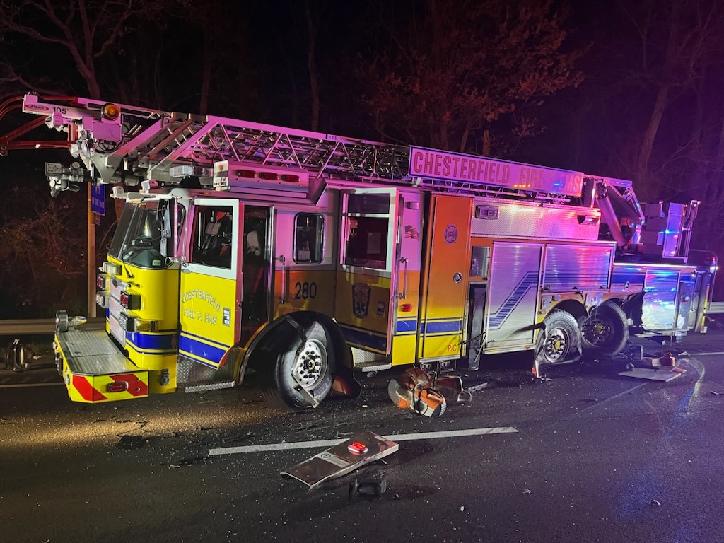 The ladder truck suffered significant damage and needed to be towed from the scene, resulting in I-95 being shut down. (Source: Chesterfield County Fire and EMS Facebook page)