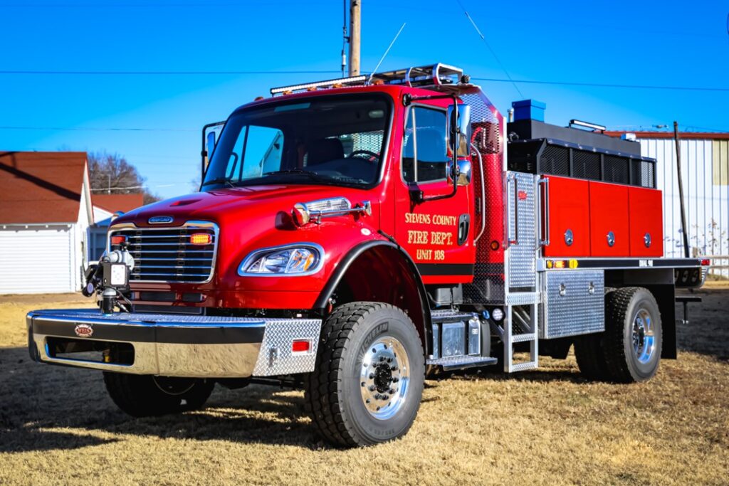 Weis Fire & Safety built this Weis Stallion 1500 wildland pumper-tanker on a Freightliner M2 106 chassis and two-door cab for Stevens County (KS) Emergency Services. (Photos courtesy of Weis Fire & Safety)