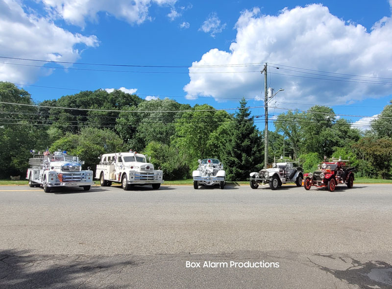 (L to R) River Edge Seagrave antique pumper; Tenafly Seagrave sedan rescue; Maywood Ahrens Fox pumper; Tenafly American LaFrance 1920s pumper; Lyndhurst antique American LaFrance pumper.