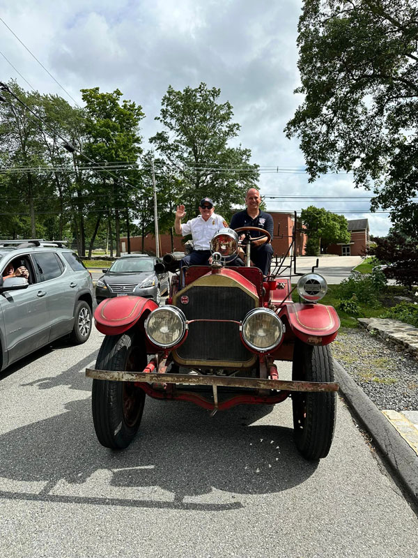 Chief James Vuona partook in a tradition for retiring firefighters — being driven from the station to his house. (Source: Shrewsbury Fire Department Facebook page)