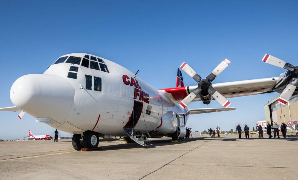 Cal Fire gives a tour of the first of its new C-130H air tankers on Thursday at its aviation headquarters in McClellan Airport. Cal Fire first used a C-130H tanker on a live wildfire Sunday, on the Record Fire in Riverside County. (Hector Amezcua)