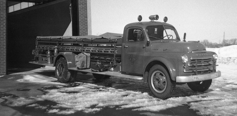 Photos 1 and 2 by author shows a late 1940s Dodge city service ladder truck from Ottawa, Canada.  The photo may be from the late sixties.  The rig was still in service. Note the rubber goods on the running board and chains on the rear tires.