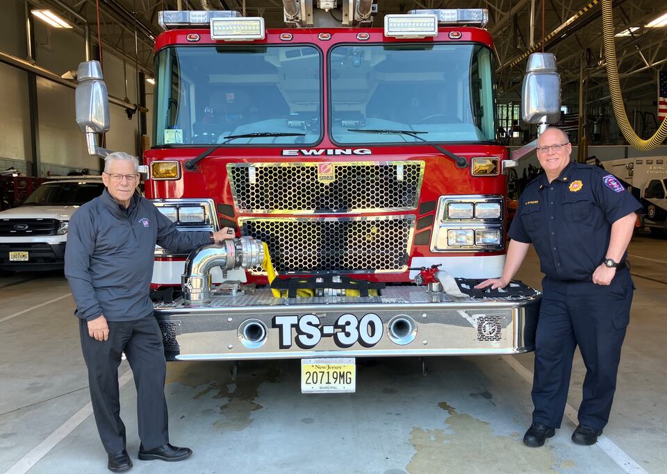 Ewing Mayor Bert Steinmann, left, and Ewing Fire Director Marc Strauss, at the Ewing Fire Dept. headquarters on Pennington Road, in August 2024. (Kevin Shea | For NJ.com)