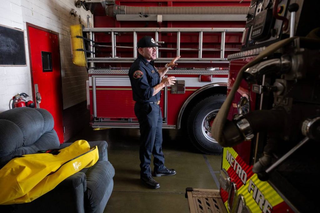 Sacramento Metropolitan Fire Battalion Chief Parker Wilbourn, a spokesman for the district, explains challenges firefighters are facing with older equipment and outdated facilities at Station 41 in North Highlands earlier this month. Sacramento Countys Measure O would issue bonds for new equipment and facilities. (Paul Kitagaki Jr.)