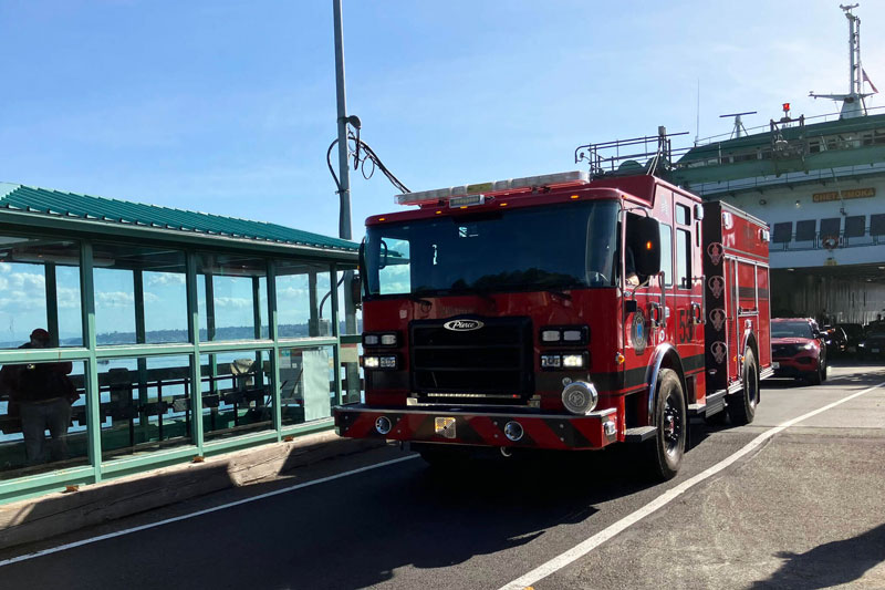 Vashon Island Fire and Rescue's new Pierce pumper delivered via ferry. (Source: Vashon Island Fire and Rescue Facebook page)