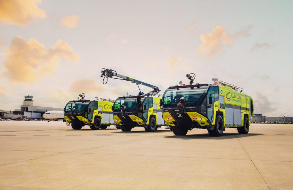 The Little Rock Fire Department put three new Oshkosh Striker ARFF trucks in service at its station at Clinton National Airport. (Photos courtesy of Oshkosh)