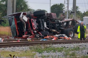 A Brightline train collided with a fire truck at East Atlantic Avenue and Southeast First Avenue in downtown Delray Beach, Florida, on Dec. 28, 2024. (Mike Stocker/South Florida Sun Sentinel/TNS)